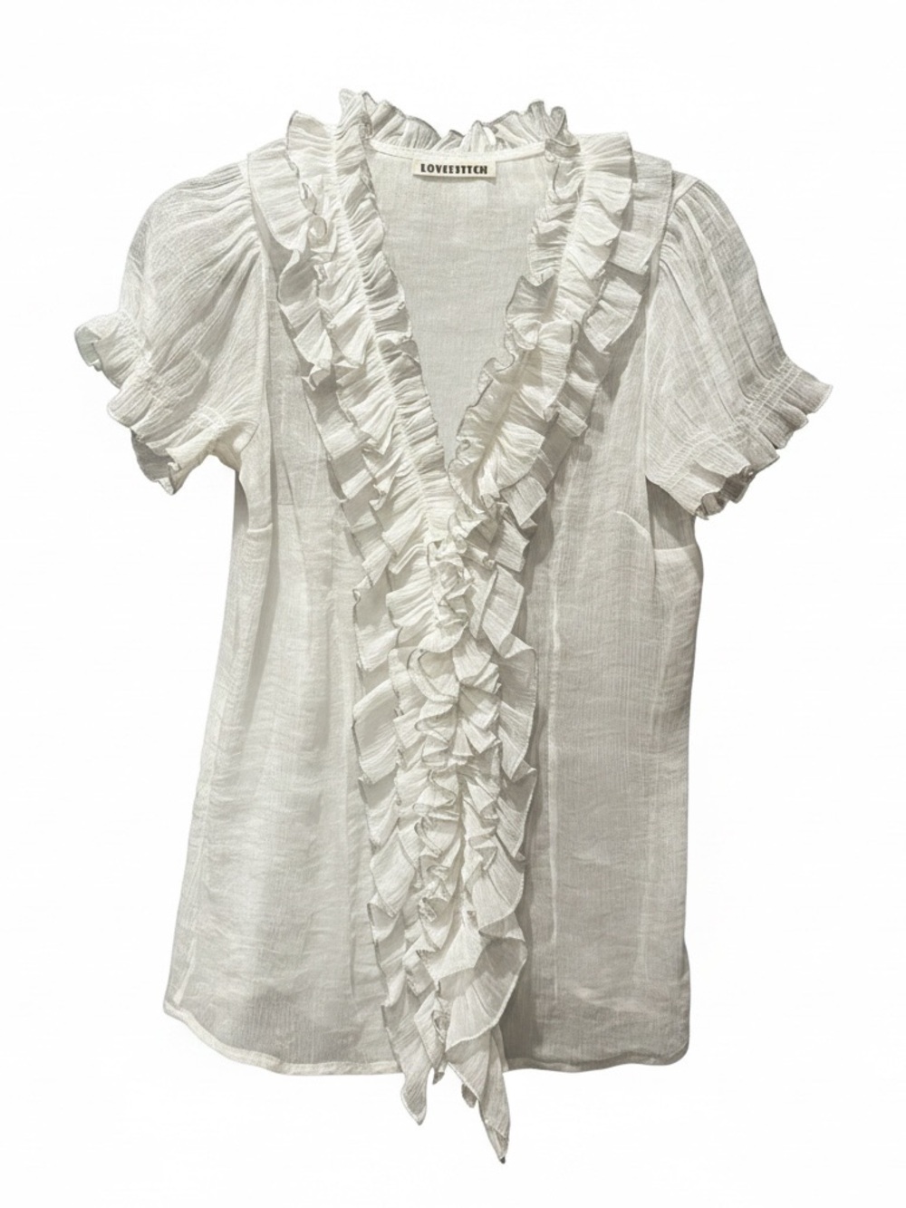 lovestitch White Ruffled V-Neck Short Sleeve Button Up Blouse